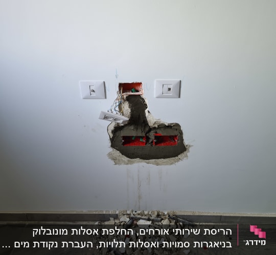 קיר עם חור, שקעים חשמליים וחוטים חשופים